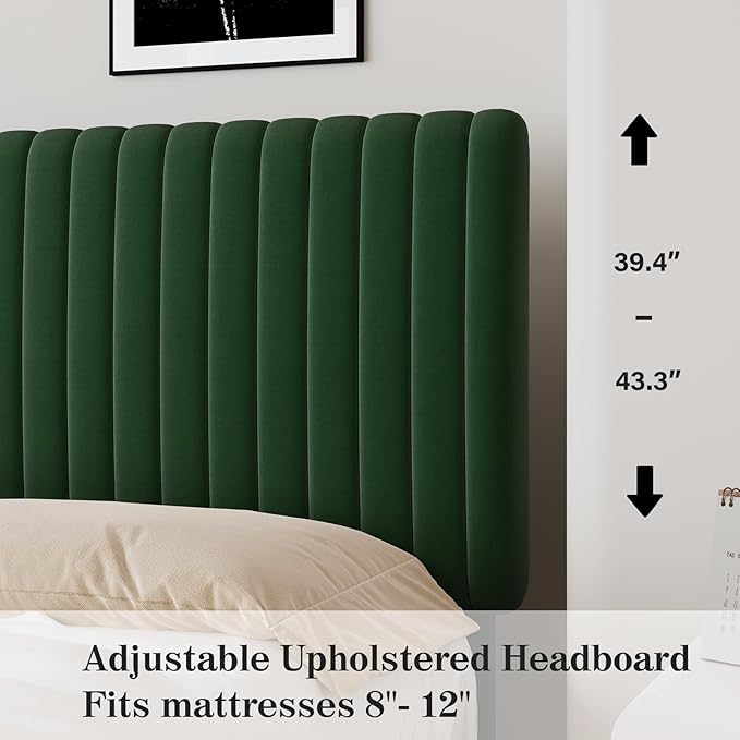 Full Size Bed Frame, Velvet Upholstered Platform Bed with Vertical Channel Tufted Headboard and Footboard, No Box Spring Required, Easy Assembly, Green