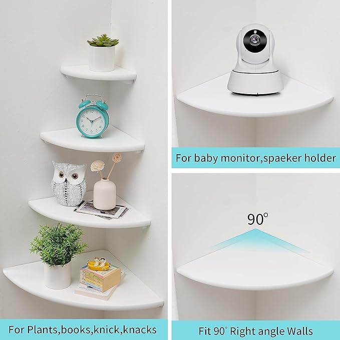 Corner Wall Shelves, White Floating Corner Shelf, Set of 2 16inch Solid Oak Wood Shelves, Round End Wall Mount Display Shelf with Wire Hole for Small Plant for Bedroom Kitchen, Living Room