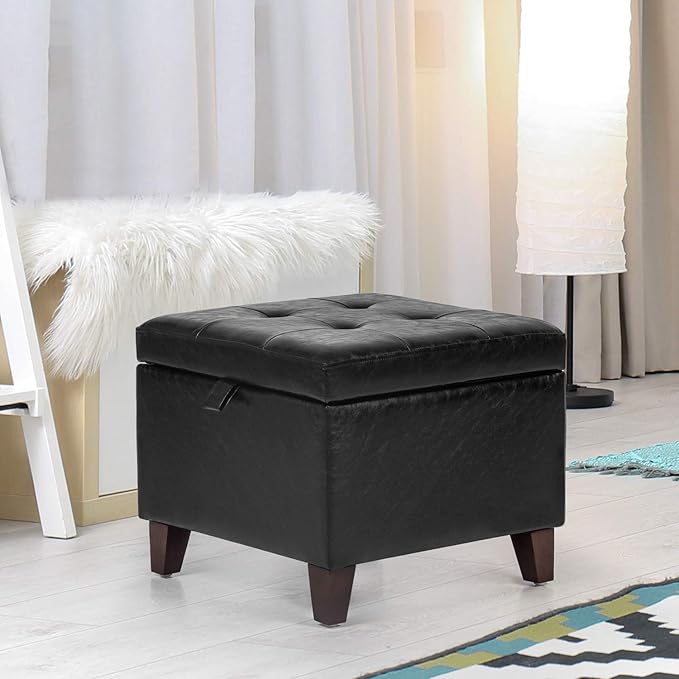 Adeco Storage Ottoman Foot Rest Stool, Leather Ottoman Footstool with Solid Wood Legs and Hinged Lid, 17.7" Small Foot Stool for Living Room, Bedroom