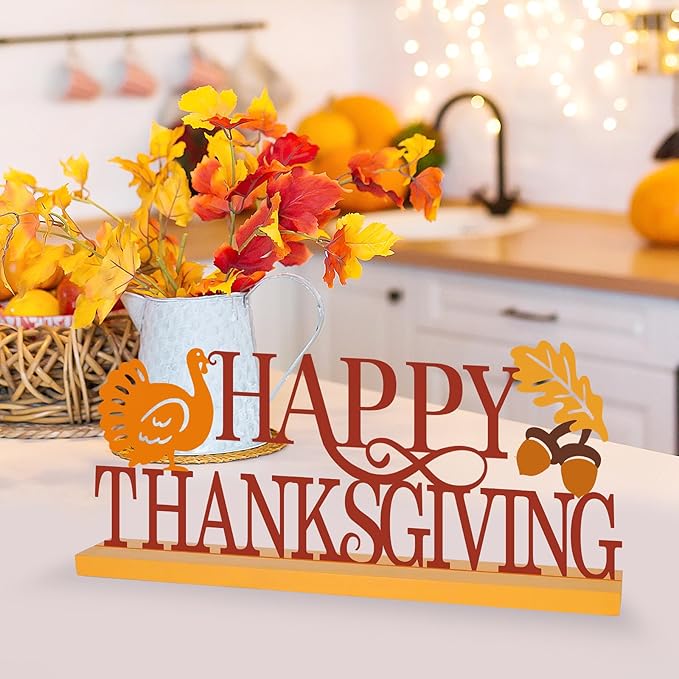 COCHIE Metal Happy Thanksgiving Sign, Fall Leaves Turkey Table Centerpieces Decorations for Home, Office, Shelf, Mantel, Indoor, Traditional Party Supplies Decor (Thanksgiving)