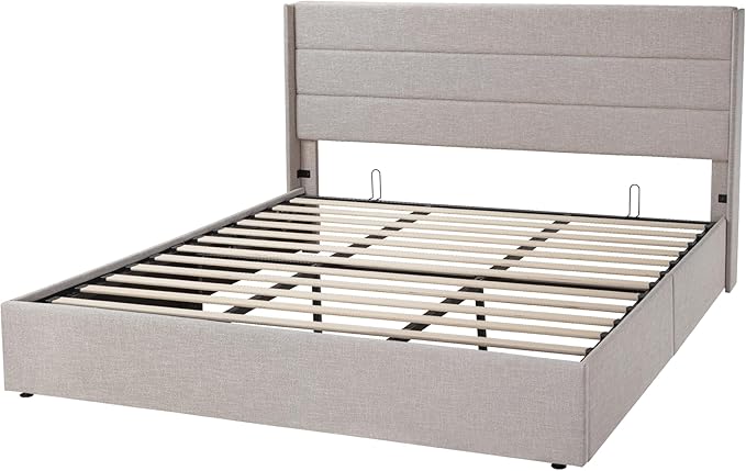 Allewie King Size Lift Up Storage Bed, Modern Wingback Headboard, Hydraulic Support, No Box Spring Needed, Light Beige
