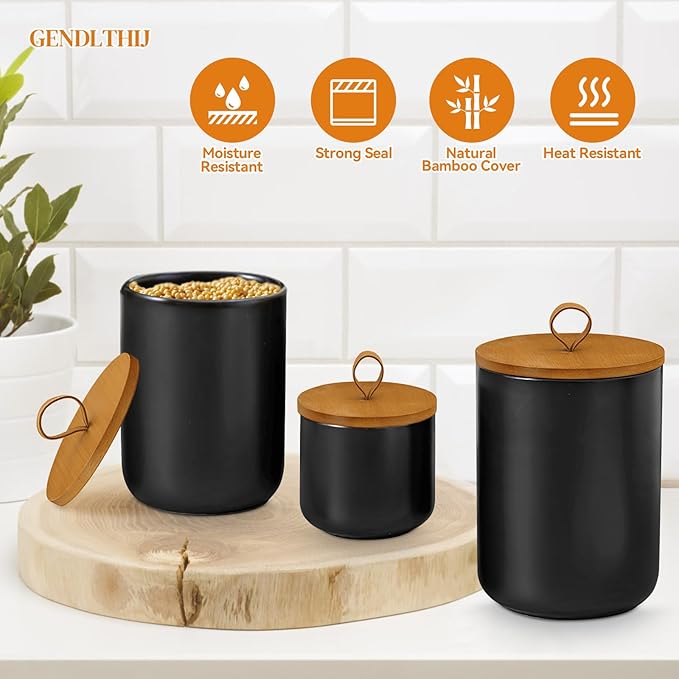 Canister Sets for Kitchen,Ceramic Kitchen Canisters for Countertop with Airtight Wood Lids for Serving Ground Coffee, Tea, Spice, Grains, Sugar, Salt (Black Pack of 3 (8.7/27/44 Oz))