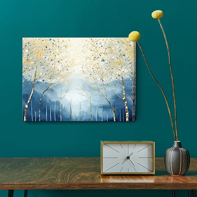 amatop Abstract Tree of Life Wall Art– Modern Blue Yellow Picture Forest Birch Mountain Canvas Print Minimalist Landscape Small Nature Artwork for Bathroom Bedroom Office Decor,16x12 Inch