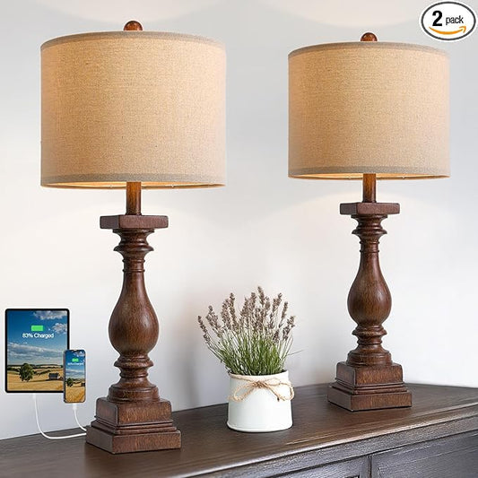 BOBOMOMO 27" Farmhouse Living Room Lamps with USB-A +C Ports, Vintage Rustic Bedside Night Stand Lamps Set of 2, Linen Shade, Retro Side Table Lamps for Living Room, Bedroom, Office, Home Decor