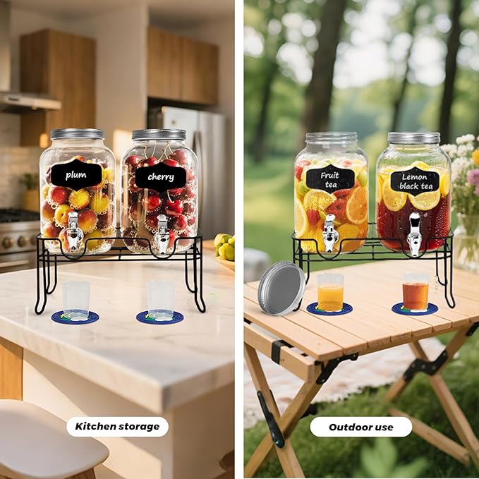 2-Pack 1 Gallon Glass Laundry Detergent Dispenser Set with Bamboo Lids and Stand - Liquid Soap and Fabric Softener Dispensers with Spigots, Cups, Labels and Mats, Laundry Room Organization and Storage