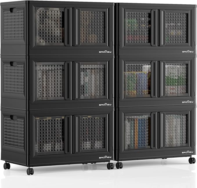 600Qt Stackable Storage Bins with Lids, 150Gal Closet Organizers and Storage Drawer, Plastic Collapsible Storage Bins with Doors, Heavy Duty Store Box Cabinet for Home Kitchen, 6Pack Black