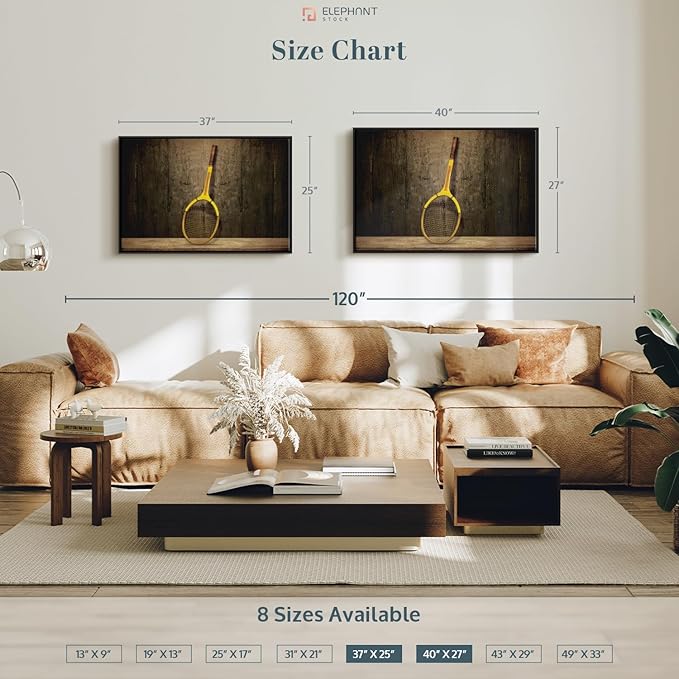 ElephantStock Vintage Tennis Racket Wall Art - Horizontal Framed Canvas - 1-Piece Living Room Wall Decor - Photography Sports Canvas Print - Brown and Black Decor for Wall - 40" X 27"