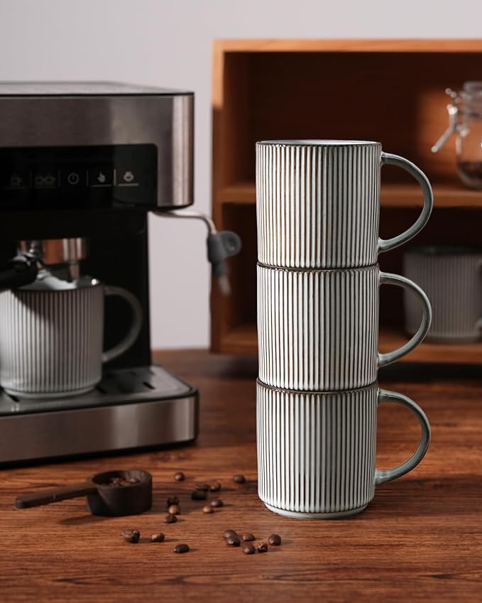 famiware Coffee Mug Set for 6, Star 12 oz Catering Mugs Cup Set with Handle for Coffee, Tea, Cocoa, Milk - Ceramic Stoneware Drinkware Set, Smoky Blue