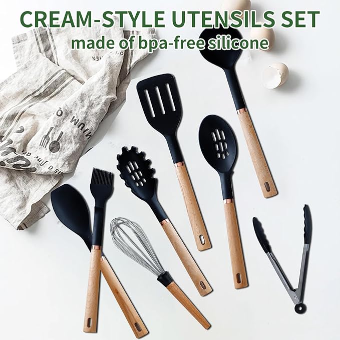 13-Piece silicone utensil set wood handle nonstick cookware safe dishwasher safe kitchen tools BPA free heat resistant (450°F/230°C) ceramic pan safe cooking gifts housewarming (Black)