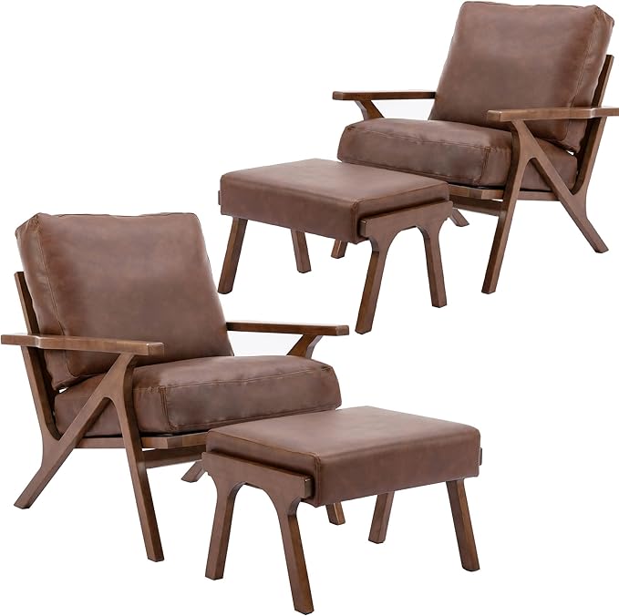 Brown Leather Accent Chair and Ottoman, Mid Century Modern Arm Chair, Retro Upholstered Armchair with Wood Frame & Removable PU Cushions, Large Leisure Slipper Chair for Living Room/Bedroom, Set of 2