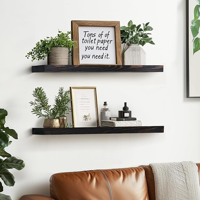24"x6.8"x1.2" Solid Wood Floating Shelves 2-Pack - Rustic Black Finish with Hidden Brackets, Perfect for Storage and Décor in Living Room, Kitchen, Bedroom