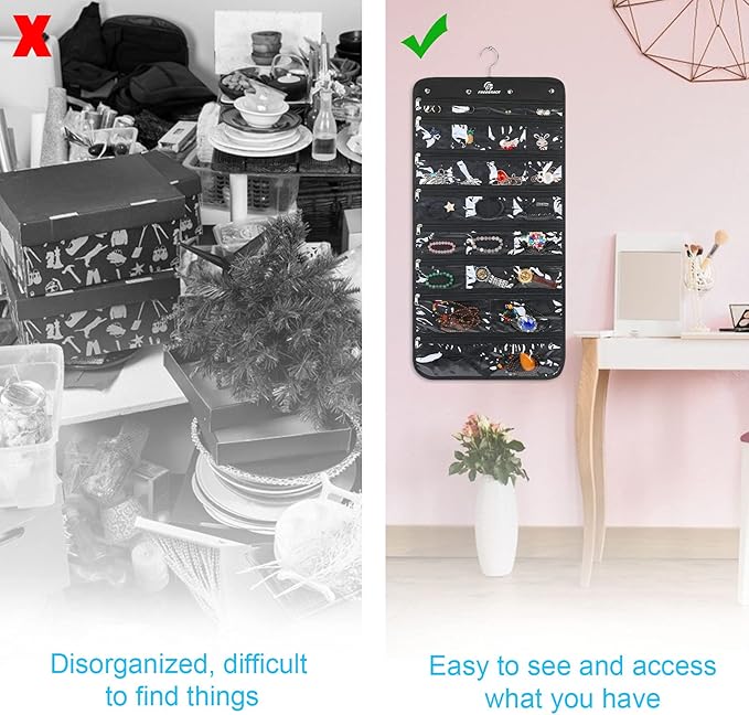 Freegrace Hanging Jewelry Organizer Revolving Hanger - Secure Zipper Closure - 50 Pockets - Foldable Storage & Display Solution - for All Jewelry & Bijoux (Black)