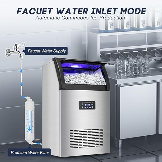 Commercial Ice Maker Machine 150LBS/24H with 50LBS Storage Bin, Stainless Steel Undercounter/Freestanding Ice Maker Machine for Home Bar Outdoor, 55PCS Ice Cubes Ice Machine, Self Cleaning
