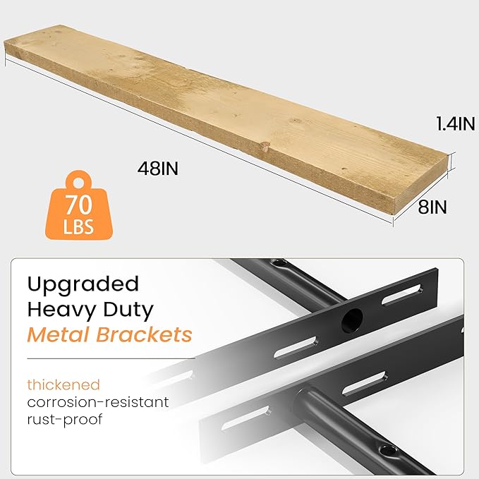 Fun Memories Floating Shelves for Wall Decor, 48"x8" Rustic Reclaimed Wood Shelves, Heavy-Duty Wall Mounted Shelves with Invisible Brackets for Living Room, Bedroom, Kitchen, Natural Finish, Set of 2