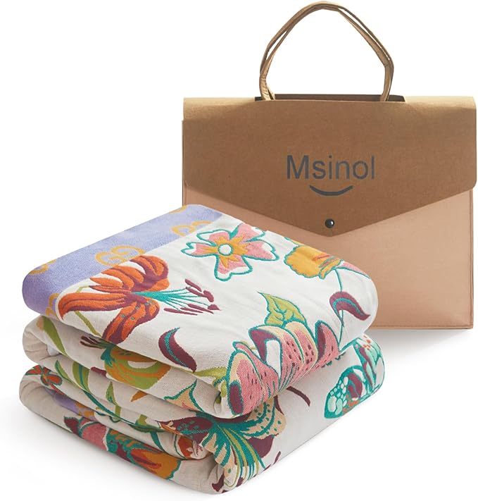 Floral Throw Blanket Pure Cotton Ultra Soft Lightweight Blanket Reversible Farmhouse Blankets Reversible Rustic Throw for Sofa Couch (60"x80",05-Butterfly and Flower)