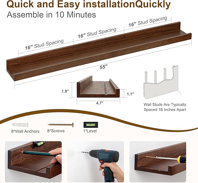 Floating Picture Ledge Shelves 55 Inch Solid Oak Wood Set of 2, Rustic Wall Storage Shelves with Lip, Kids Bookshelf, Photo & Picture Ledge Shelves for Bedroom, Living Room, Kitchen