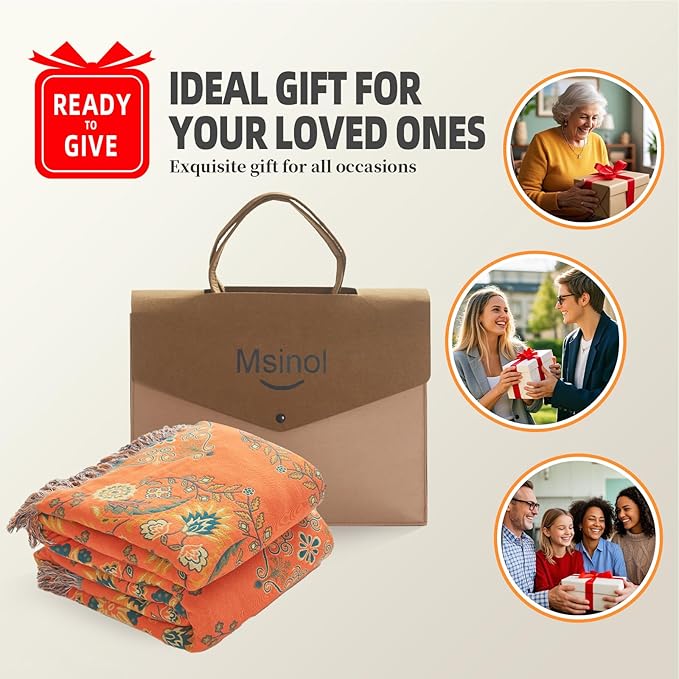 Colorful Throw Blanket Ultra Soft Cotton Orange Decorative Throw All Season Rustic Reversible Bohemian Throw Quilt Farmhouse Decoration(60"x80",04-Garland)