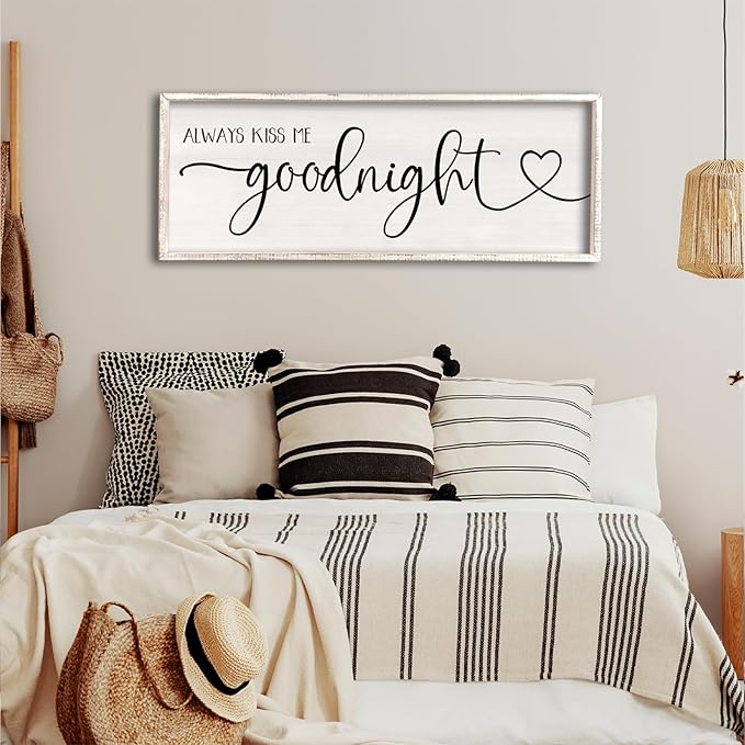 flowtorely Always Kiss Me Goodnight Wall Sign For Master Bedroom Above Bed Wall Decor 32''×12'' Large Rustic Solid Wood Frame For Farmhouse Couples Above bed Wall Art Decoration (White)