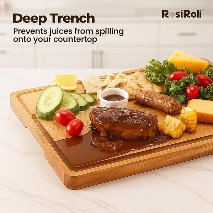 Acacia Wood Cutting Board for Kitchen - 1 inch Thick FSC Certified Wood Charcuterie Cheese Board with Side Handles and Juice Grooves, Wooden Chopping Block for Meat and Veggies, 17x12 inch