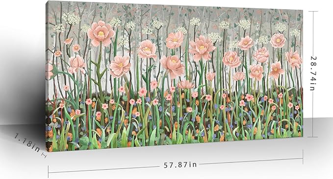 amatop Extra Large Floral Wall Picture for Living Room Modern Botanical Canvas Prints Flower Field Wall Decor Abstract Nature Art Wildflower Garden Pink Green Stretched Artwork Bedroom Office 58x29 in