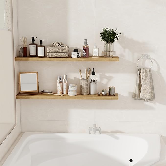 Fun Memories Floating Shelves for Wall, 40" Rustic Wood Deep Wall Mounted Shelves with Invisible Brackets for Decor & Storage, Floating Shelf for Living Room, Bathroom (Oak, Set of 2)