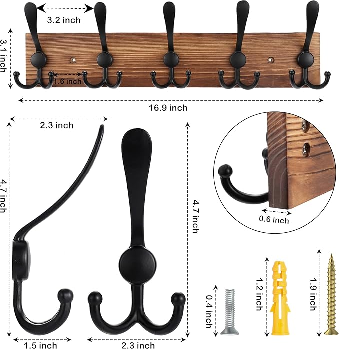 Coat Rack Wall Mount Wooden Hat Rack for Wall Hooks Pine Real Wood Plank 16.9" Brown Coat Hanger with 5 Triple Hooks for Hanging Coat Hat Jacket