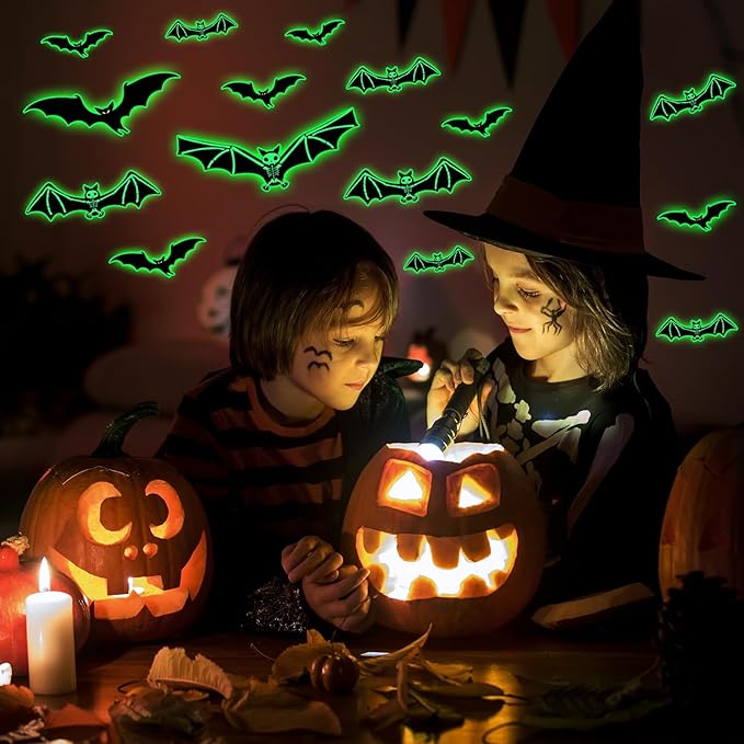 3 Sheets Glow in The Dark Halloween Skeleton Bat Decals Luminous Halloween Skeleton Bat Stickers Removable Bat Wall Decor Glowing Window Clings for Scary Halloween Theme Party Decorations