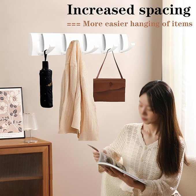 Folding Coat Hooks, Wall Mounted Coat Rack with 5 Retractable Hooks, Heavy Duty Towel Rack for Bathroom Wall Hook for Hanging Clothes Bathrobe, Stainless Steel Coat Hanger for Entryway(White)