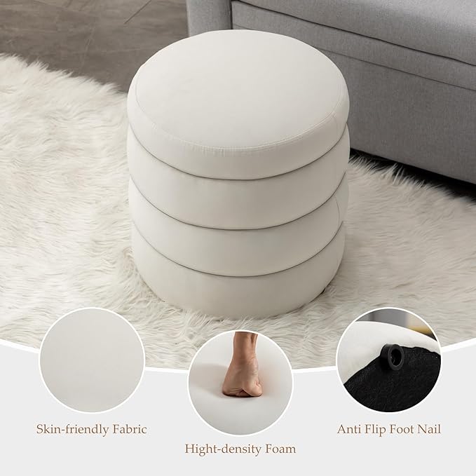 Furniliving Modern Round Ottoman, Soft Bedroom Ottoman Footstool Round Ottomans Stool for Living Room, Bedroom, Makeup Room, White, Velvet