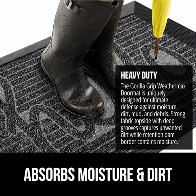 GORILLA GRIP 100% Waterproof All-Season WeatherMax Doormat 35x23, US Designed Natural Rubber, Stain and Fade Resistant, Low Profile Indoor Outdoor Door Mats, Easy Clean Patio Mat, Charcoal Hello