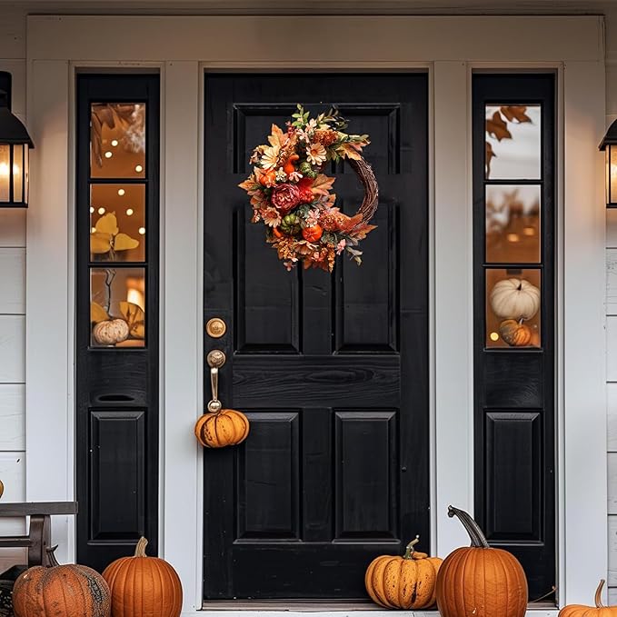 20Inch Fall Wreaths for Front Door,Fall Decorations for Home,Autumn Wreaths with Pumpkin Peony Sunflowers Berry Wreaths,Fall Door Wreath for Thanksgiving Halloween Farmhouse Home Outdoor Indoor Decor