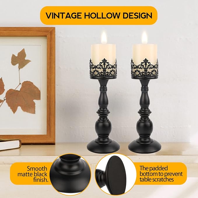 Candle Holders for Pillar Candles Gothic Matte Black Vintage Tall Candle Holders Set of 2 Decorative Large Table Centerpieces Candle Stand Decor (Black 2PCS A)