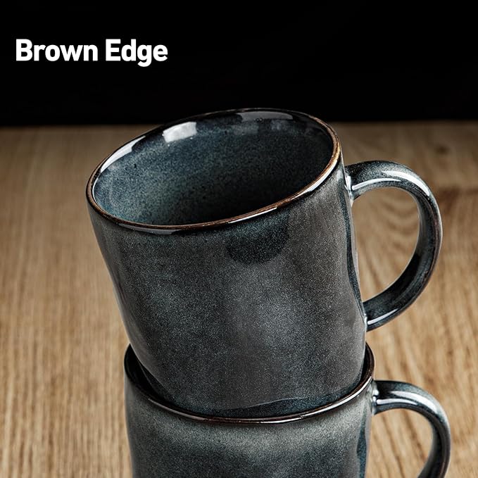 famiware Coffee Mugs Set of 4, Ocean Square 13oz Coffee Cup Set with Handle for Cocoa, Milk, Hot Chocolate, Stoneware Cups for Kitchen, Reactive Glaze, Microwave and Dishwasher Safe, Deep Forest