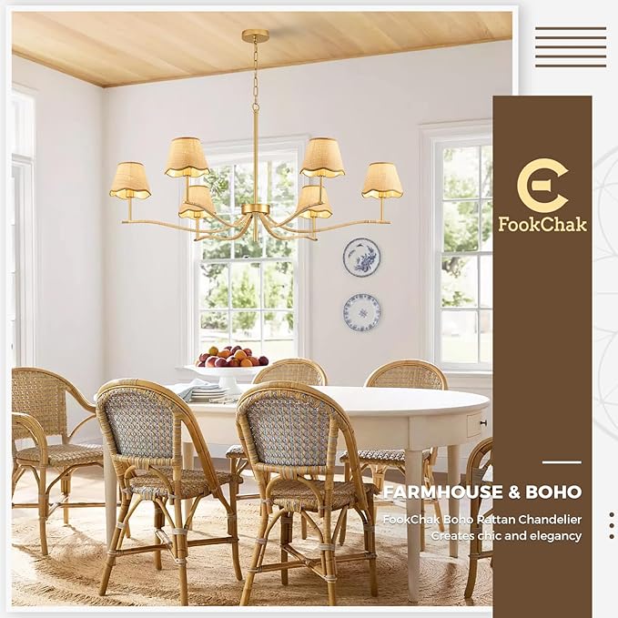 6 Light Boho Rattan Chandelier 44'' Brass Gold Chandelier Light Fixture Hand Woven Dining Room Chandeliers for Entryway Bedroom Living Room Bathroom