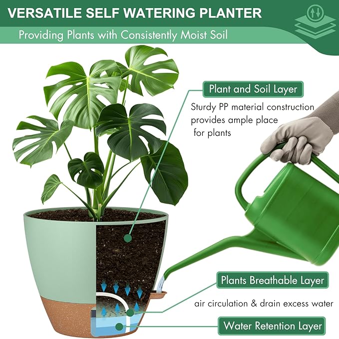 12/10/8 Inch Self Watering Pots for Indoor Plants Plastic Large Plant Pot for Outdoor Plants, Water Level Window & Spacious Reservoir Flower Pots Decorative Planter with Drainage and Tray (Green)