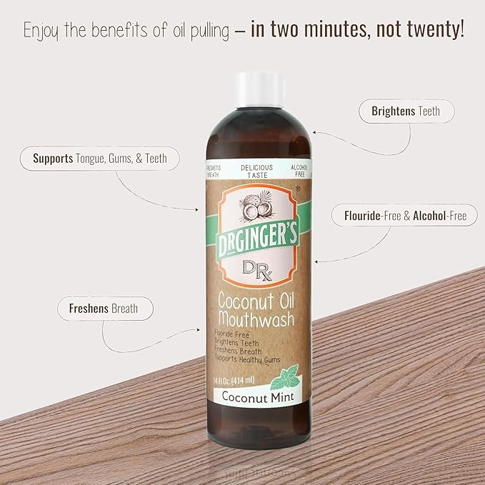 Dr. Ginger’s Coconut Oil Pulling Alcohol Free Mouthwash - Mint Flavor, 14 fl oz Support Gum Health, Tongue, and Teeth Whitening for Adults, Fluoride Free, All-Natural Oil and Xylitol for Bad Breath