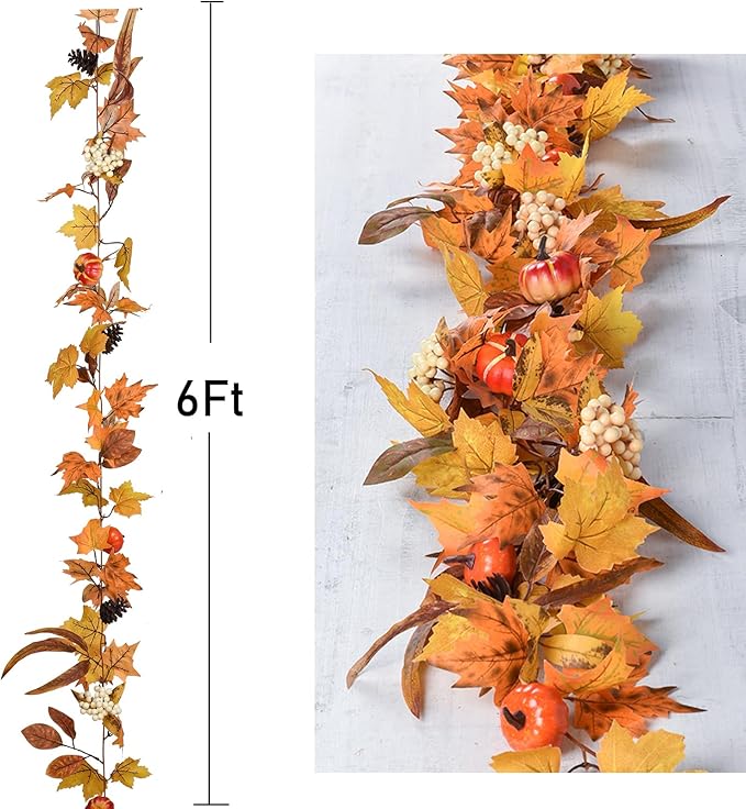 DearHouse Fall Maple Leaves, 6ft Artificial Autumn Foliage Thanksgiving Decor for Home, Wedding, Fireplace, Party, Christmas (Yellow&Brown)