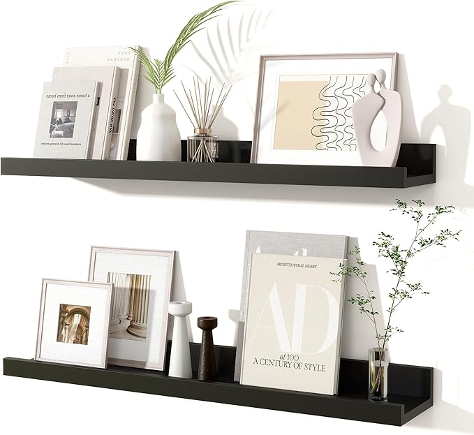 Fun Memories Picture Ledge Shelves Set of 2, 24 Inch Rustic Wall Mounted Floating Shelves with Lip for Home Storage and Décor in Bathroom, Kitchen, Nursery, Bedroom, Living Room, Black