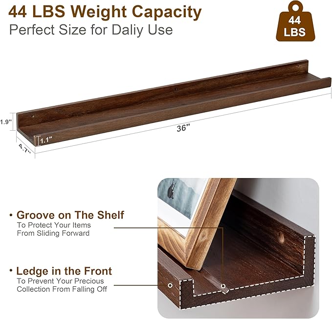 Floating Picture Ledge Shelves 36 Inch Solid Oak Wood Set of 2, Rustic Wall Storage Shelves with Lip, Kids Bookshelf, Photo & Picture Ledge Shelves for Bedroom, Living Room, Kitchen