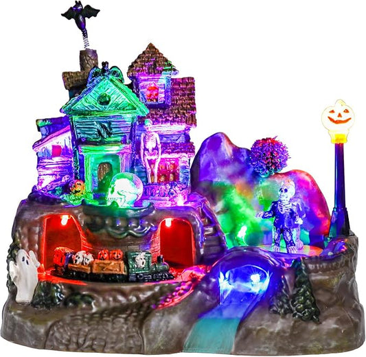 DREAM GARDEN Halloween Village Collection, Lighted Spooky Haunted House with Animated Train and Scary Sound Halloween Collectible Bulidings with Skull, Pumpkin, Ghost for Holiday Party Tabletop Decor