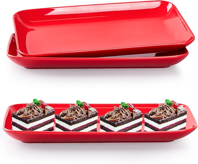 DELLING 3 Pack Rectangular Serving Platter and Trays, 12" Appetizer/Salad/Dessert Plates, Entertaining, Party, Romantic Date, Red