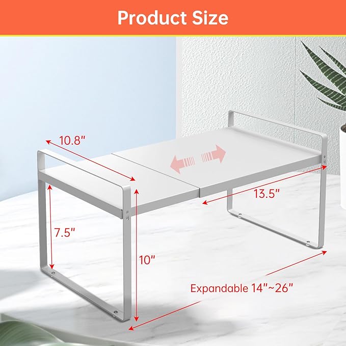 Cabinet Shelves Organizer for Kitchen 11", Expandable Shelf with Adjustable Length, Metal Countertop Organizer, Fits Pantry, Over the Sink, Spices, Microwave & Dishes Storage, White (2 Pack)