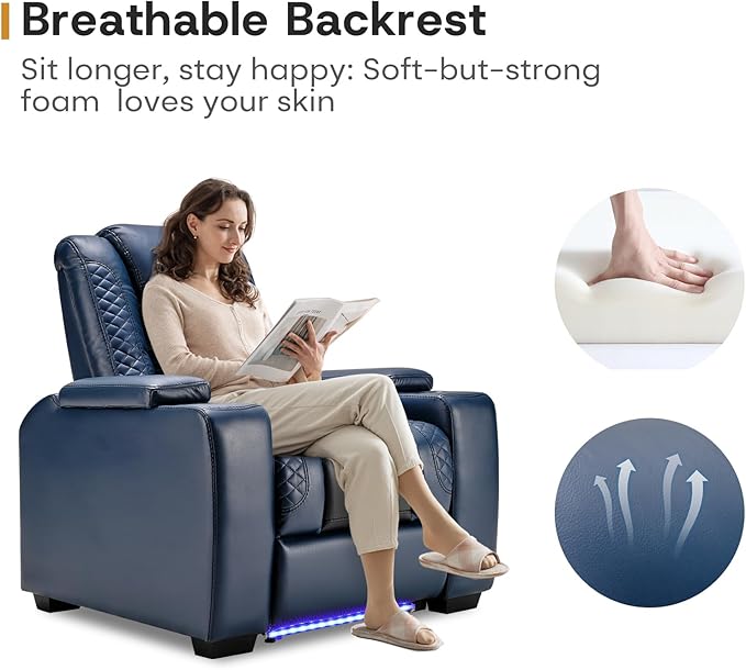 ANJ Power Home Theater Seating Set of 2, Blue Faux Leather Electric Recliner Chair with Powered Headrest, Dual Motors Movie Reclining Chairs with LED Lights,USB Port,Cup Holders, Hidden Arm Storage