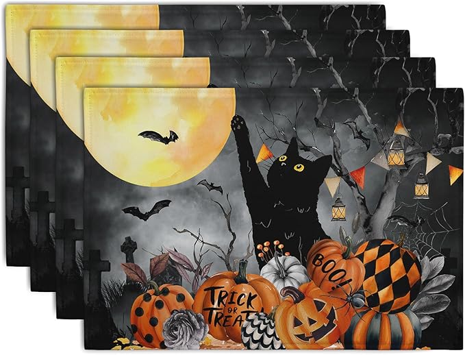 Black Cat Halloween Placemats Set of 4 Spooky Pumpkin Boo Bat Moon Horror Place Mats 12x18 Inch Seasonal Washable Linen Table Mat for Party Kitchen Dining Outdoor Indoor Decor