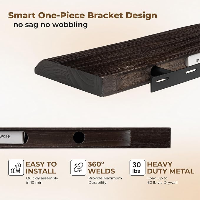 Axeman 24 inch Floating Shelves for Wall - 8'' D Live Edge Rustic Solid Elm Wood Floating Shelves Wall Mounted, Wall Shelves with Invisible Bracket for Living Room Bedroom Kitchen, Set of 2 Walnut