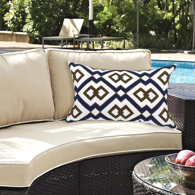 Alysheer Embroidered Lumbar Decorative Throw Pillow Cover 12"x 20", Classic Boho Geometric Embroidery Pattern Cotton Rectangular Cushion Case for Sofa Couch Living Room Bedroom(Blue Brown)