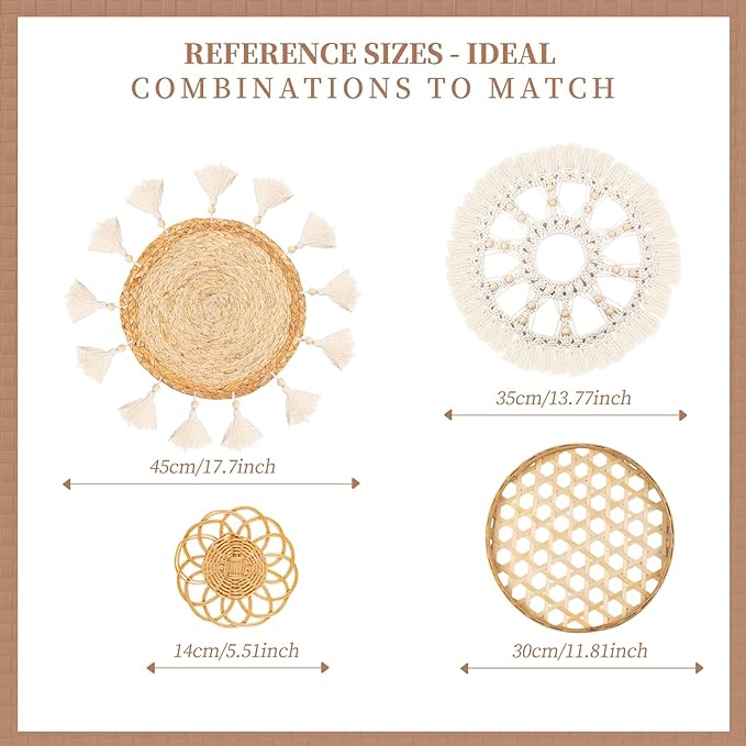 Boho Wall Basket Decor Set of 4 - Flat Woven Basket Wall Hanging Decor,Round Tassels White Macrame Tapestry Wall Decor Art,Handmade Rattan Wicker Seagrass Home Wall Baskets Decor(Wooden Beads Style)