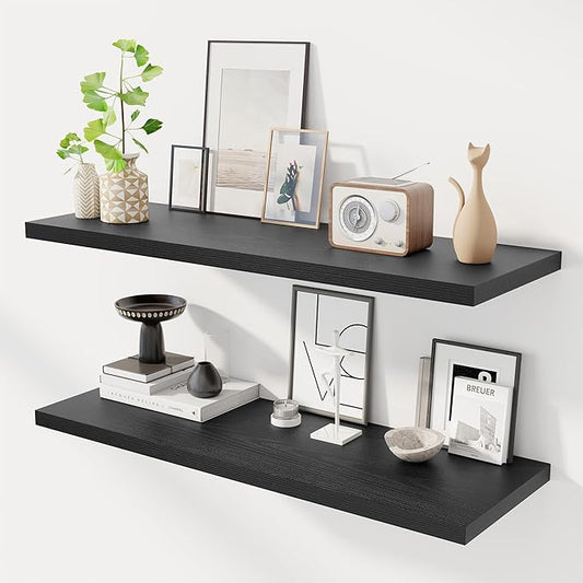 40" Floating Shelves for Wall, 12" Deep Slim Black Floating Shelves, Wall-Mounted Shelves for Bedroom, Living Room, Kitchen, Bathroom - Set of 2