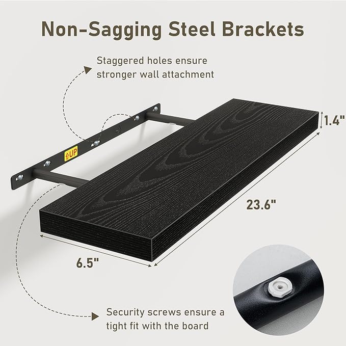 Fun Memories Black Floating Shelves Wall Shelf 24 Inch Long, Rustic Bathroom Shelves, Wall Mounted Wood Floating Shelf for Kitchen, Living Room, Bedroom, 24 x 6.7 x 1.4 inch Set of 3