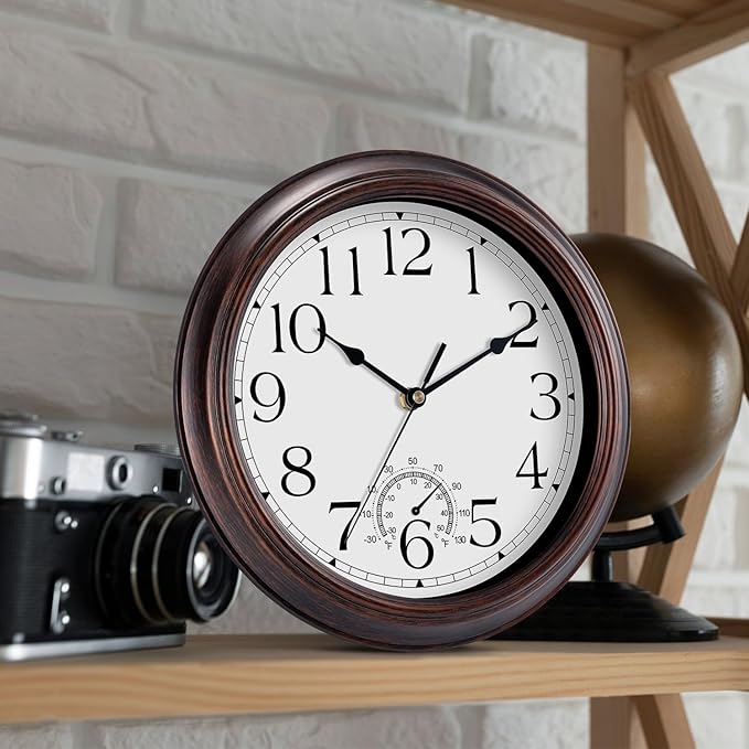 10 Inch Outdoor Wall Clock with Thermometers, Vintage Silent Wall Clocks Battery Operated, Retro Non-Ticking Clock Decorative for Living Room, Patio, Kitchen, Office, Bathroom, Bedroom(Bronze)